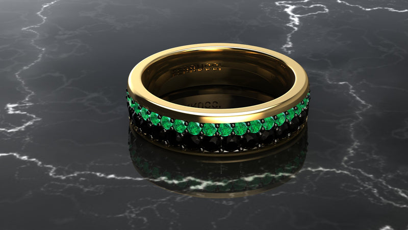 1.3 Carat Emeralds Black diamonds Pavé Eternity Ring in 18 Karat Yellow Gold