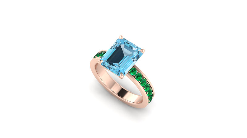 3.09 carats blue natural Aquamarine ring in 18k Rose gold and green Emerald pave'