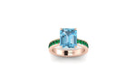 3.09 carats blue natural Aquamarine ring in 18k Rose gold and green Emerald pave'