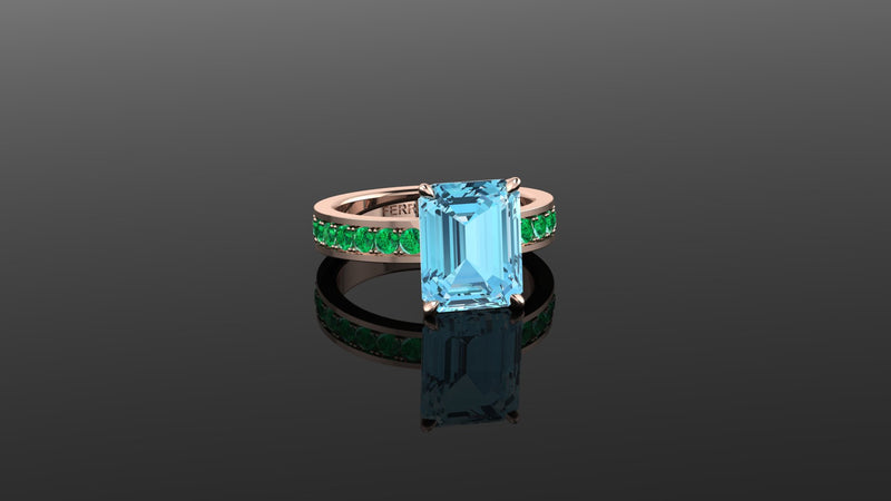 3.09 carats blue natural Aquamarine ring in 18k Rose gold and green Emerald pave'